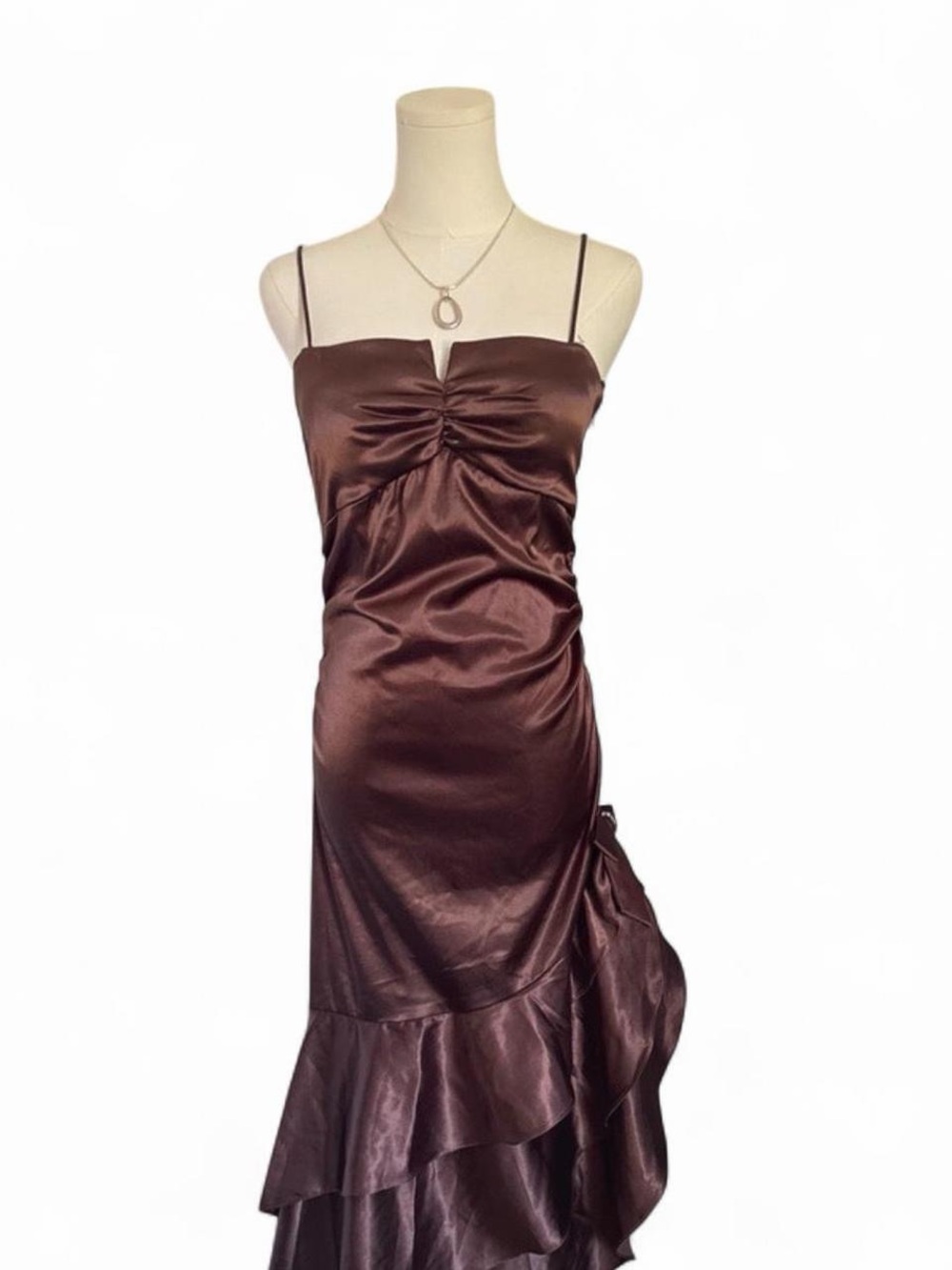 Blondie Nites Chocolate Brown Satin Maxi Dress with Ruffle Hem and bow small